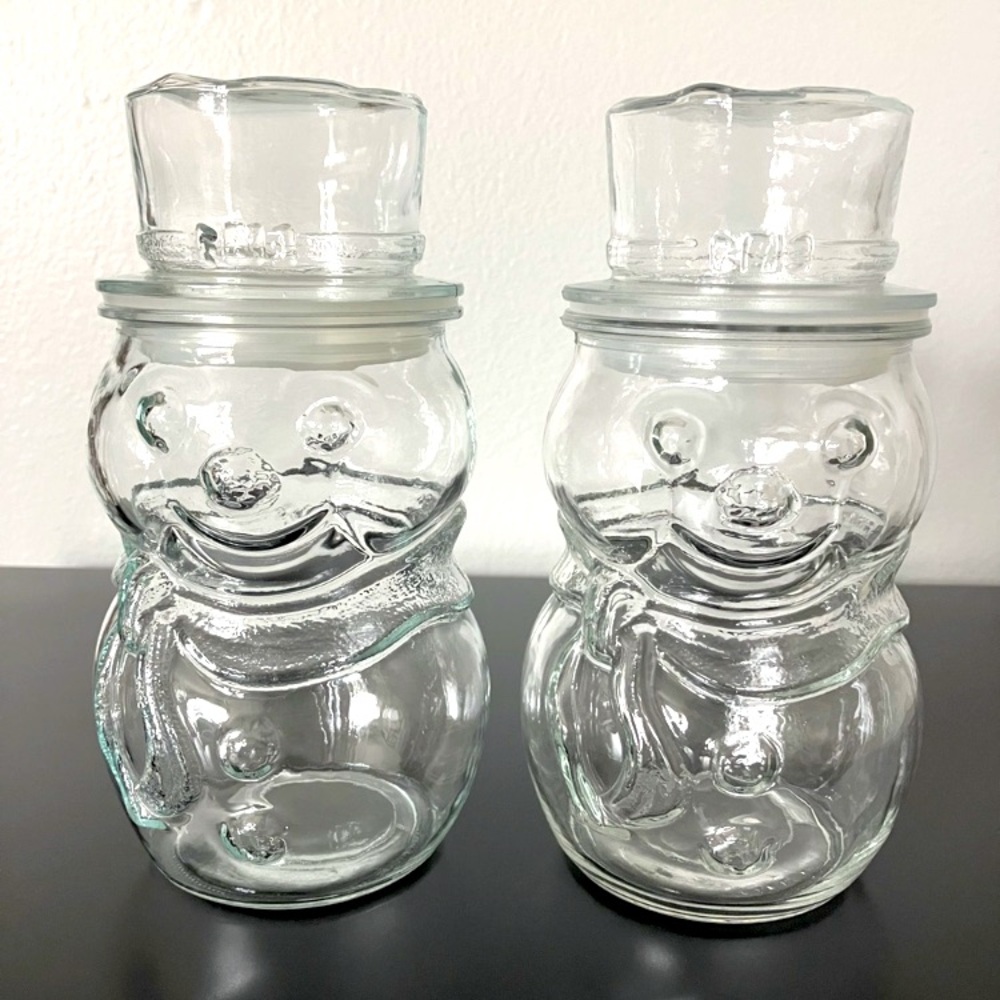 Christmas Snowman Glass Candy Jar Made in Canada Set of 2